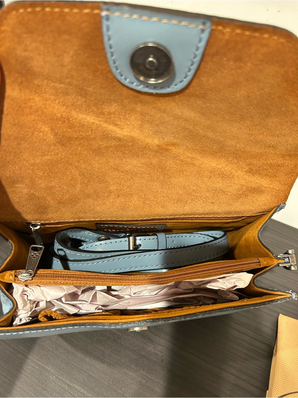 Patricia Nash Blue Fog Leather Porcili Satchel with Crossbody Strap- NWT - Picture 5 of 13